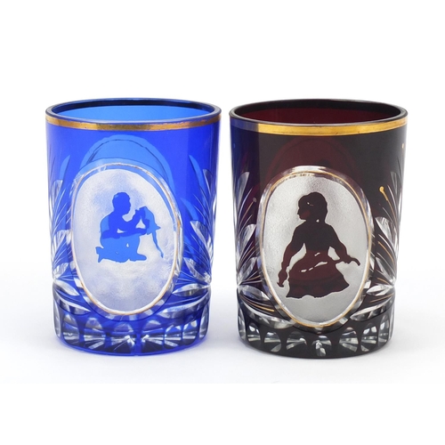 848 - Pair of Bohemian flash cut tumblers with figural panels, each 10.5cm high