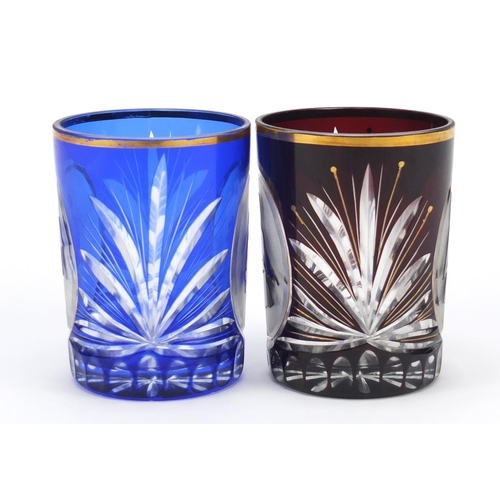 848 - Pair of Bohemian flash cut tumblers with figural panels, each 10.5cm high