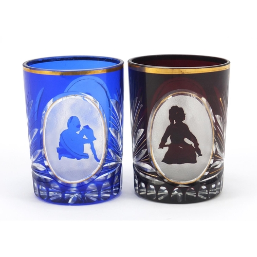 848 - Pair of Bohemian flash cut tumblers with figural panels, each 10.5cm high