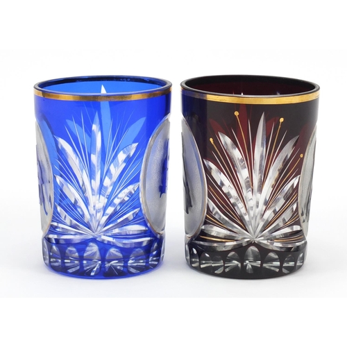 848 - Pair of Bohemian flash cut tumblers with figural panels, each 10.5cm high