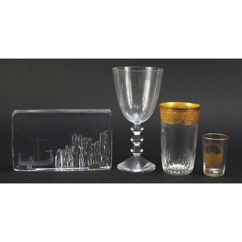 847 - Edenfalk Skruf etched glass paperweight and Baccarat crystal comprising two glasses with gilt decora... 