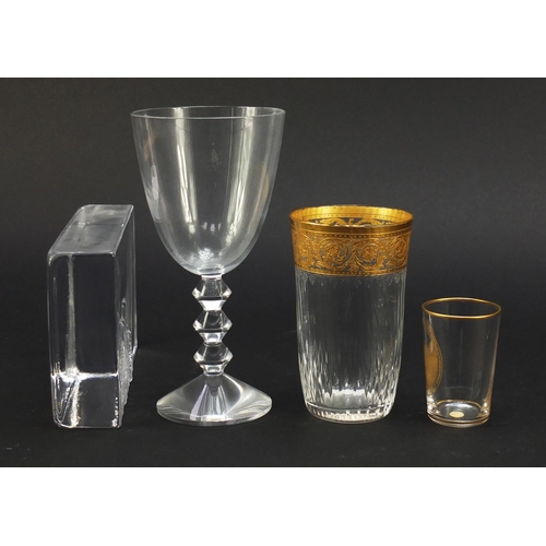 847 - Edenfalk Skruf etched glass paperweight and Baccarat crystal comprising two glasses with gilt decora... 