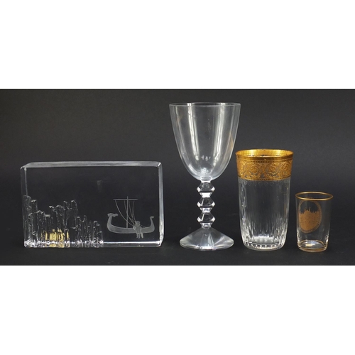 847 - Edenfalk Skruf etched glass paperweight and Baccarat crystal comprising two glasses with gilt decora... 