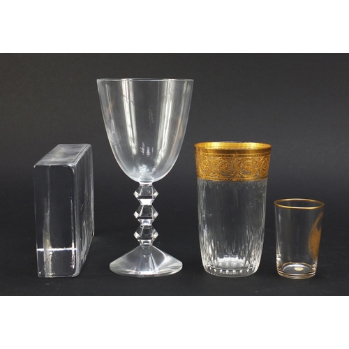 847 - Edenfalk Skruf etched glass paperweight and Baccarat crystal comprising two glasses with gilt decora... 