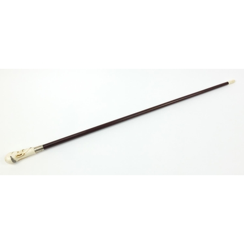 172 - Good snakewood walking stick with carved ivory pommel in the form of a man and ivory ferrule, 94cm i... 