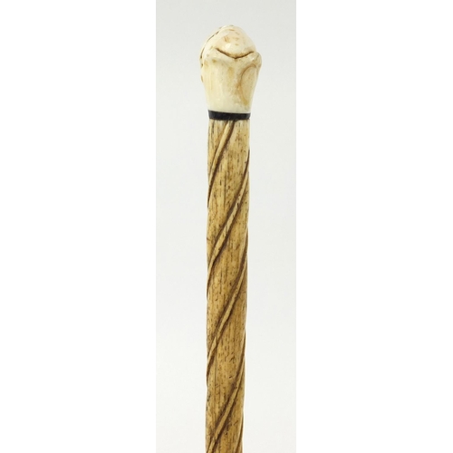 170 - Antique Scrimshaw carved whalebone and ivory walking stick with crab claw handle and spiral twist sh... 