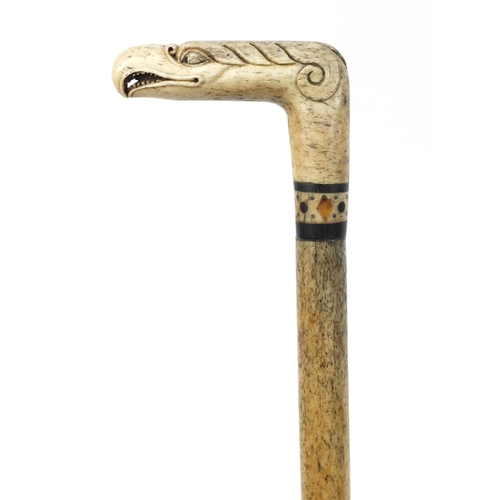 104 - Antique Scrimshaw carved whalebone walking stick with bird head design handle, 93cm in length