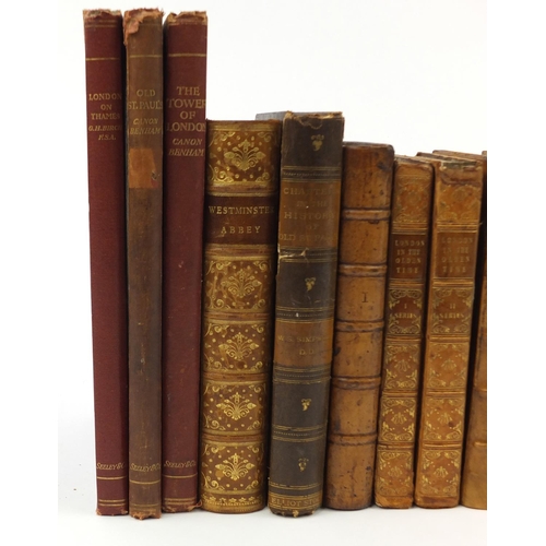 654 - Nine antiquarian hardback books, five leather bound, comprising London in the Olden Time series 1 an... 