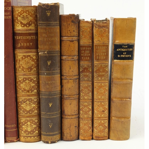 654 - Nine antiquarian hardback books, five leather bound, comprising London in the Olden Time series 1 an... 