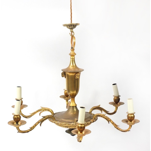 414A - French empire style six branch chandelier with rams heads, 50cm high x 70cm in diameter