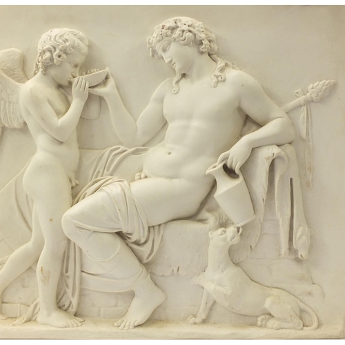 545 - Large marble style panel decorated in relief with a classical nude Grecian male and Putti, inset bro... 