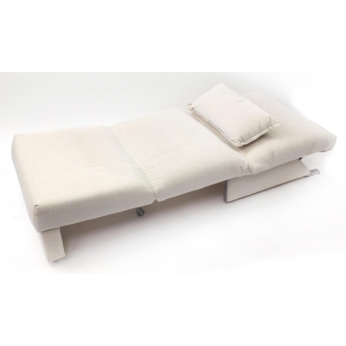 1610 - Beige upholstered single chair day bed, 84cm high