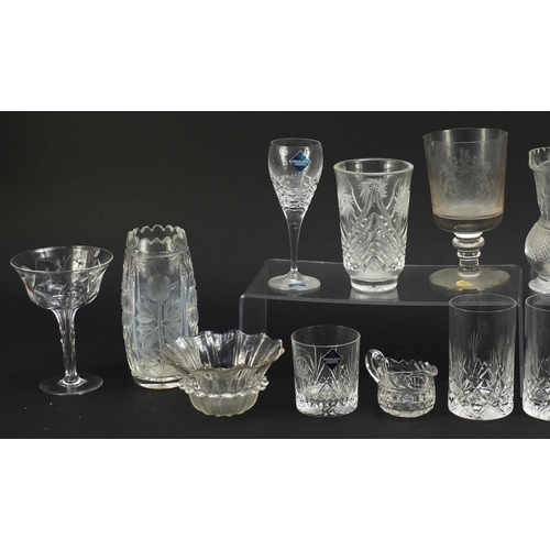 1363 - Antique and later glassware including a good pair of Tudor Champagne glasses with faceted stems, Wed... 