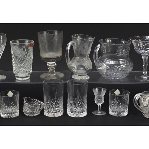 1363 - Antique and later glassware including a good pair of Tudor Champagne glasses with faceted stems, Wed... 