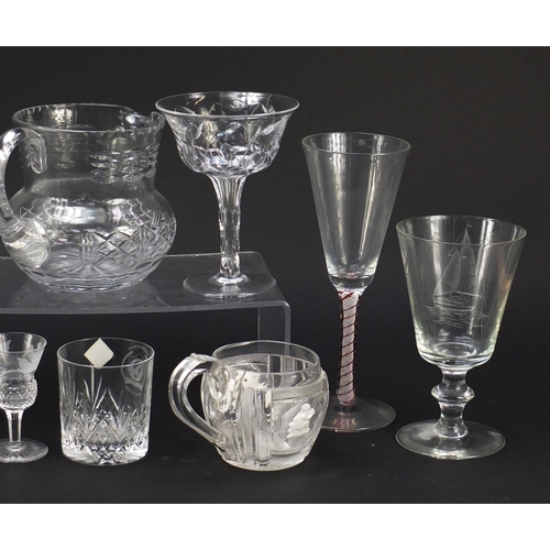 1363 - Antique and later glassware including a good pair of Tudor Champagne glasses with faceted stems, Wed... 