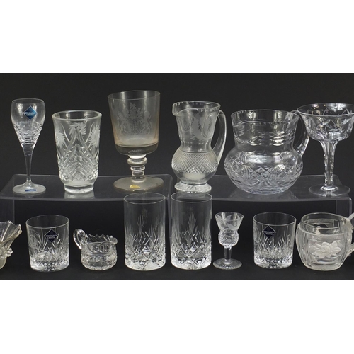 1363 - Antique and later glassware including a good pair of Tudor Champagne glasses with faceted stems, Wed... 