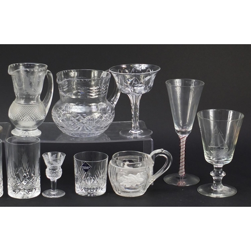 1363 - Antique and later glassware including a good pair of Tudor Champagne glasses with faceted stems, Wed... 