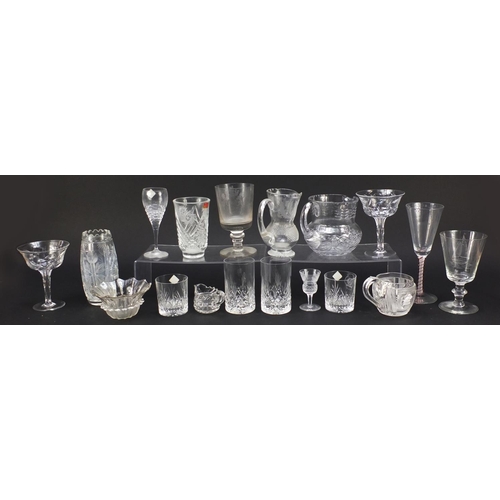 1363 - Antique and later glassware including a good pair of Tudor Champagne glasses with faceted stems, Wed... 