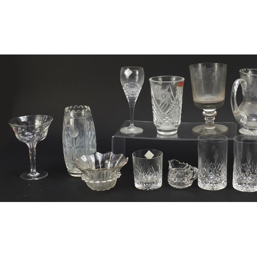 1363 - Antique and later glassware including a good pair of Tudor Champagne glasses with faceted stems, Wed... 