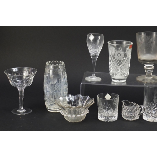 1363 - Antique and later glassware including a good pair of Tudor Champagne glasses with faceted stems, Wed... 