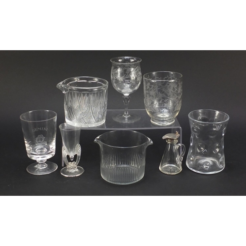 749 - 19th century and later glassware including a silver topped whiskey noggin, tea caddy bowl engraved w... 