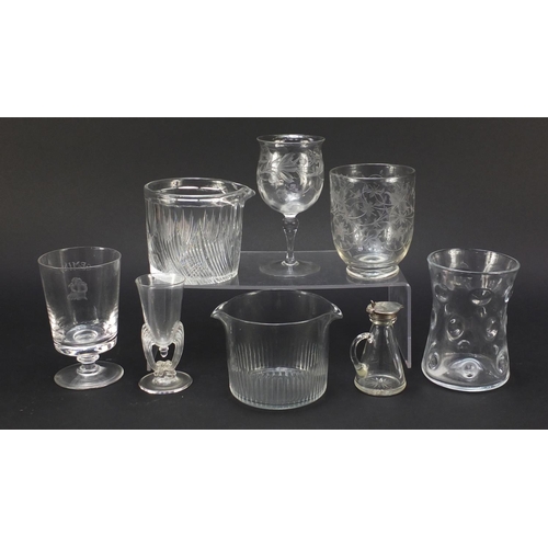 749 - 19th century and later glassware including a silver topped whiskey noggin, tea caddy bowl engraved w... 