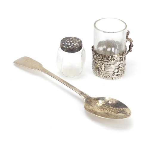 813 - Silver items including a miniature cup with glass liner by William Comyns and an Irish teaspoon, the... 