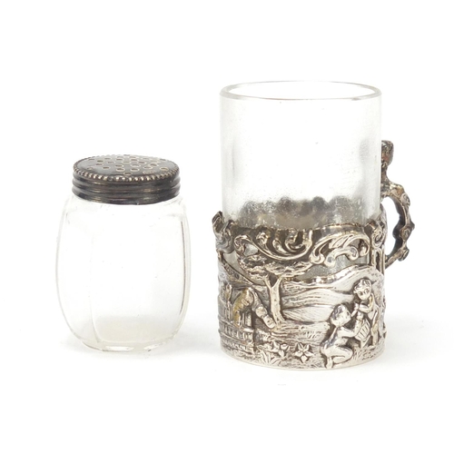 813 - Silver items including a miniature cup with glass liner by William Comyns and an Irish teaspoon, the... 