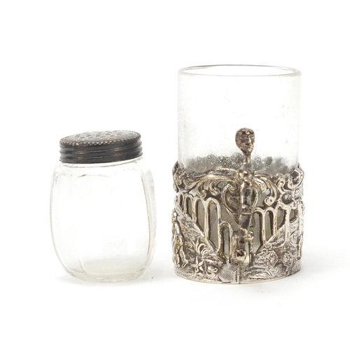 813 - Silver items including a miniature cup with glass liner by William Comyns and an Irish teaspoon, the... 