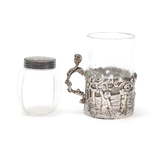 813 - Silver items including a miniature cup with glass liner by William Comyns and an Irish teaspoon, the... 