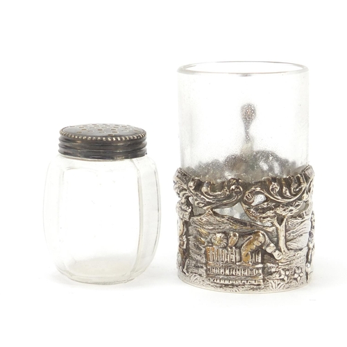 813 - Silver items including a miniature cup with glass liner by William Comyns and an Irish teaspoon, the... 