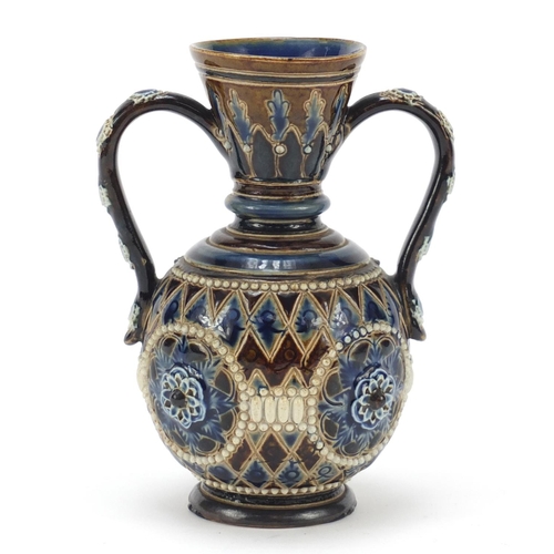 580 - Doulton Lambeth stoneware vase with twin handles, 13cm high