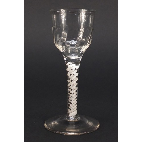 120 - 18th century wine glass with writhen bowl and cotton twist stem, 15cm high