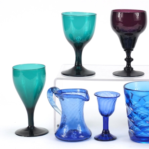 554 - 18th century and later glassware comprising a Bristol Blue writhen moulded wine glass bought from th... 