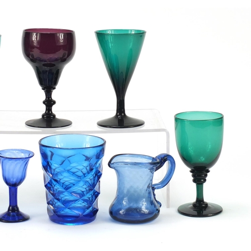 554 - 18th century and later glassware comprising a Bristol Blue writhen moulded wine glass bought from th... 