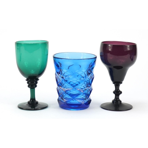 554 - 18th century and later glassware comprising a Bristol Blue writhen moulded wine glass bought from th... 