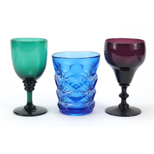 554 - 18th century and later glassware comprising a Bristol Blue writhen moulded wine glass bought from th... 