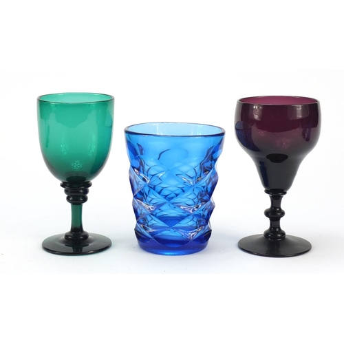 554 - 18th century and later glassware comprising a Bristol Blue writhen moulded wine glass bought from th... 