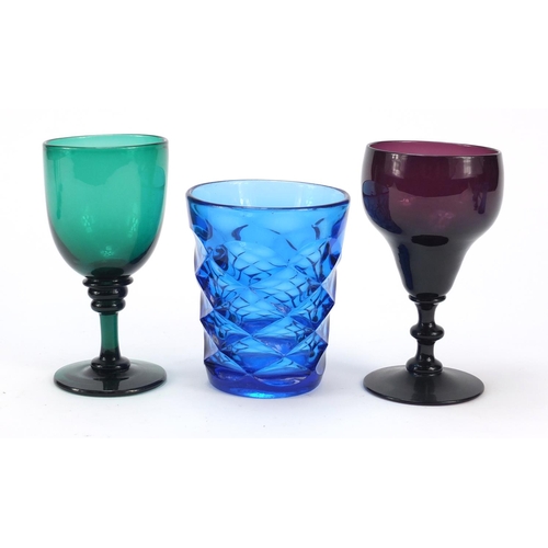 554 - 18th century and later glassware comprising a Bristol Blue writhen moulded wine glass bought from th... 