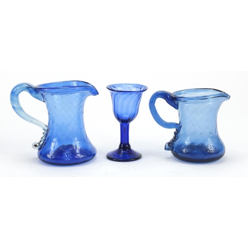 554 - 18th century and later glassware comprising a Bristol Blue writhen moulded wine glass bought from th... 