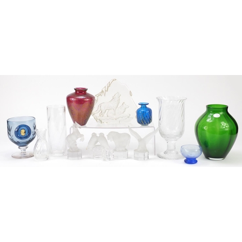 1035 - Art Glassware including Goebel animal paperweights, Mdina, Royal Brierley and Dartington, the larges... 