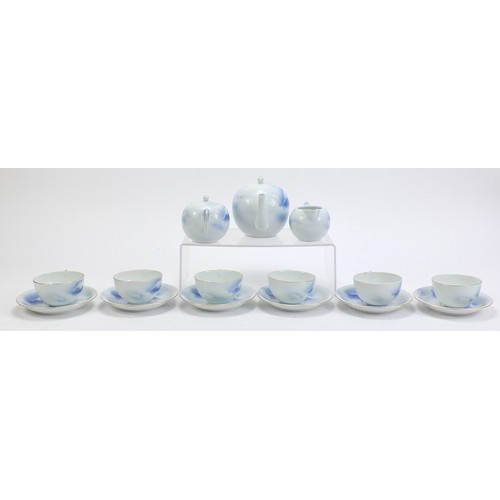 1515 - Japanese Fukagawa six place teaset hand painted with Mount Fuji, the teapot 18.5cm in length