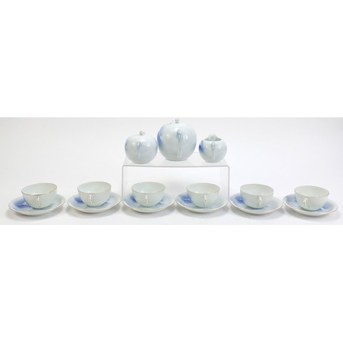 1515 - Japanese Fukagawa six place teaset hand painted with Mount Fuji, the teapot 18.5cm in length