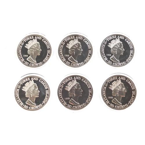 452 - Six silver Turks and Caicos 20 crowns from the Royal Family commemorative coin collection with certi... 