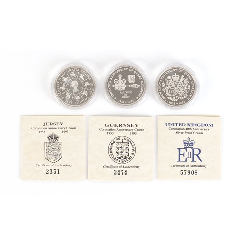 553 - Three silver proof anniversary crowns with certificates of authenticity comprising Guernsey and Jers... 