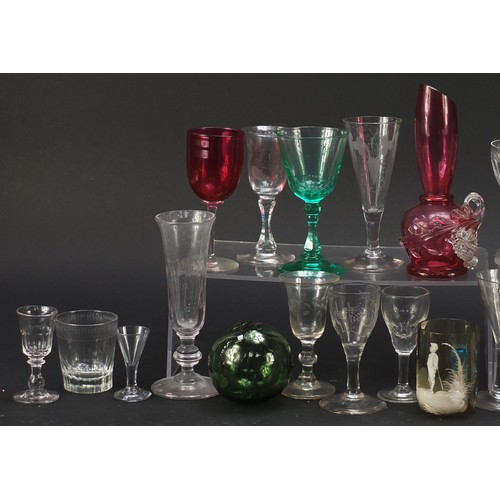 1036 - Antique and later glassware including a vaseline vase, Mary Gregory, cranberry glass and etched exam... 