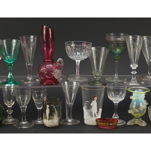 1036 - Antique and later glassware including a vaseline vase, Mary Gregory, cranberry glass and etched exam... 