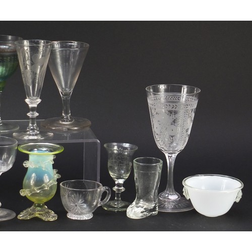 1036 - Antique and later glassware including a vaseline vase, Mary Gregory, cranberry glass and etched exam... 