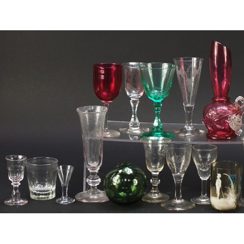 1036 - Antique and later glassware including a vaseline vase, Mary Gregory, cranberry glass and etched exam... 