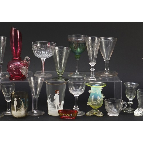 1036 - Antique and later glassware including a vaseline vase, Mary Gregory, cranberry glass and etched exam... 